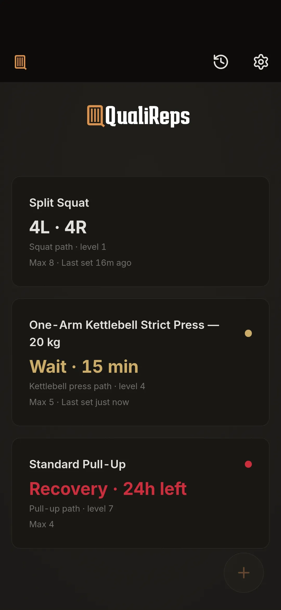 QualiReps dashboard showing several exercises with their state and max