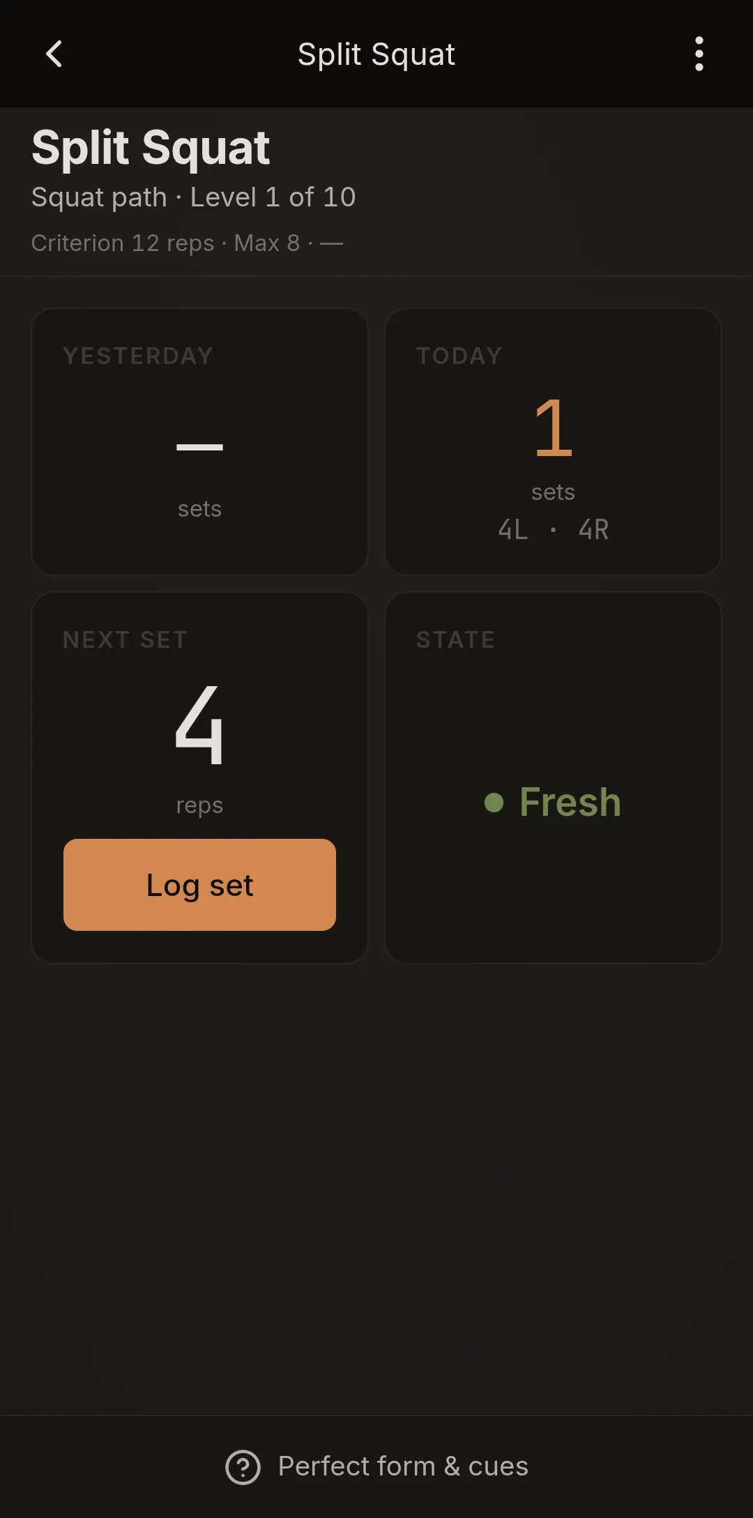 Exercise screen, fresh — today’s dose and set logging