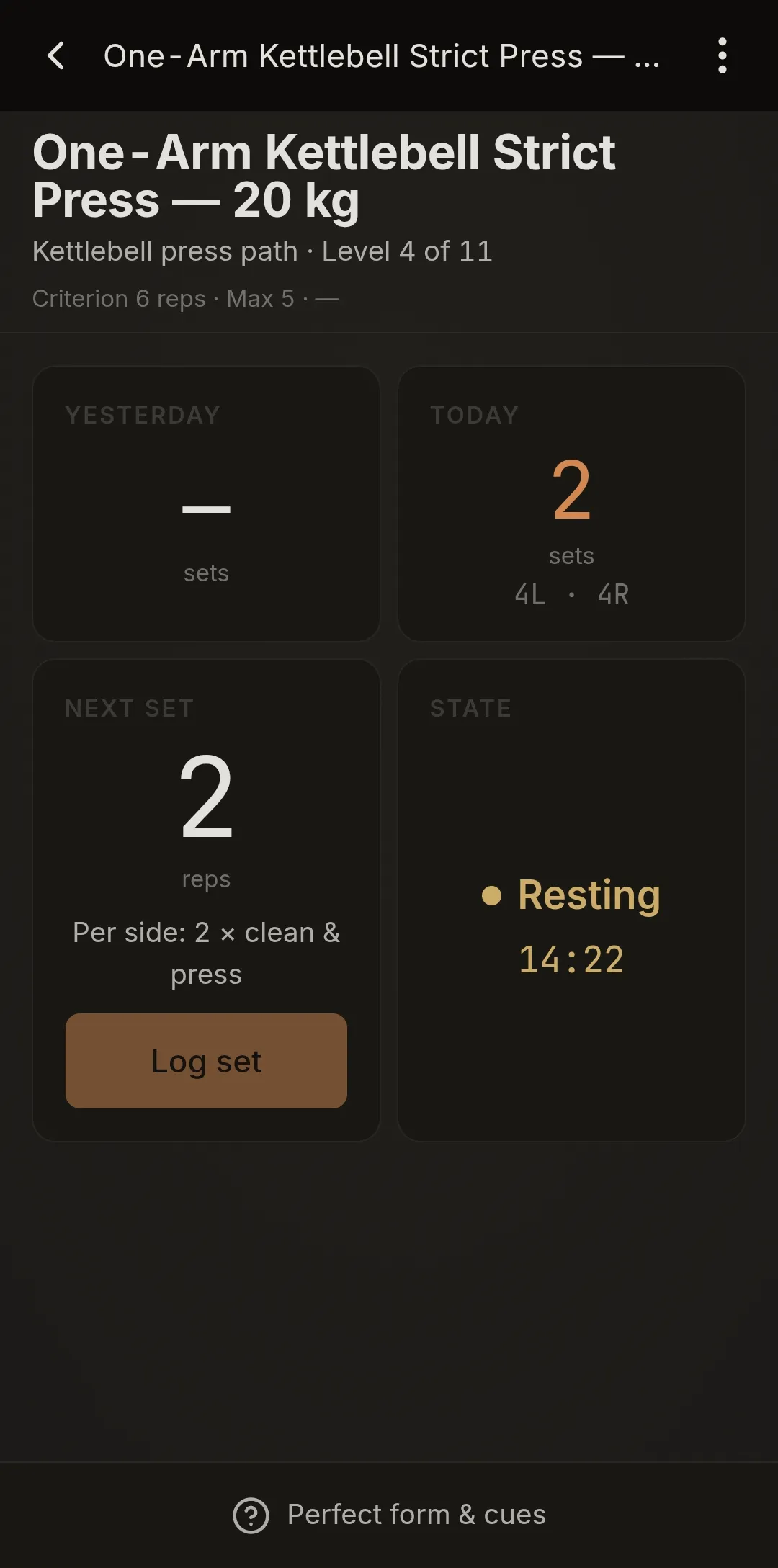 Exercise screen resting between sets