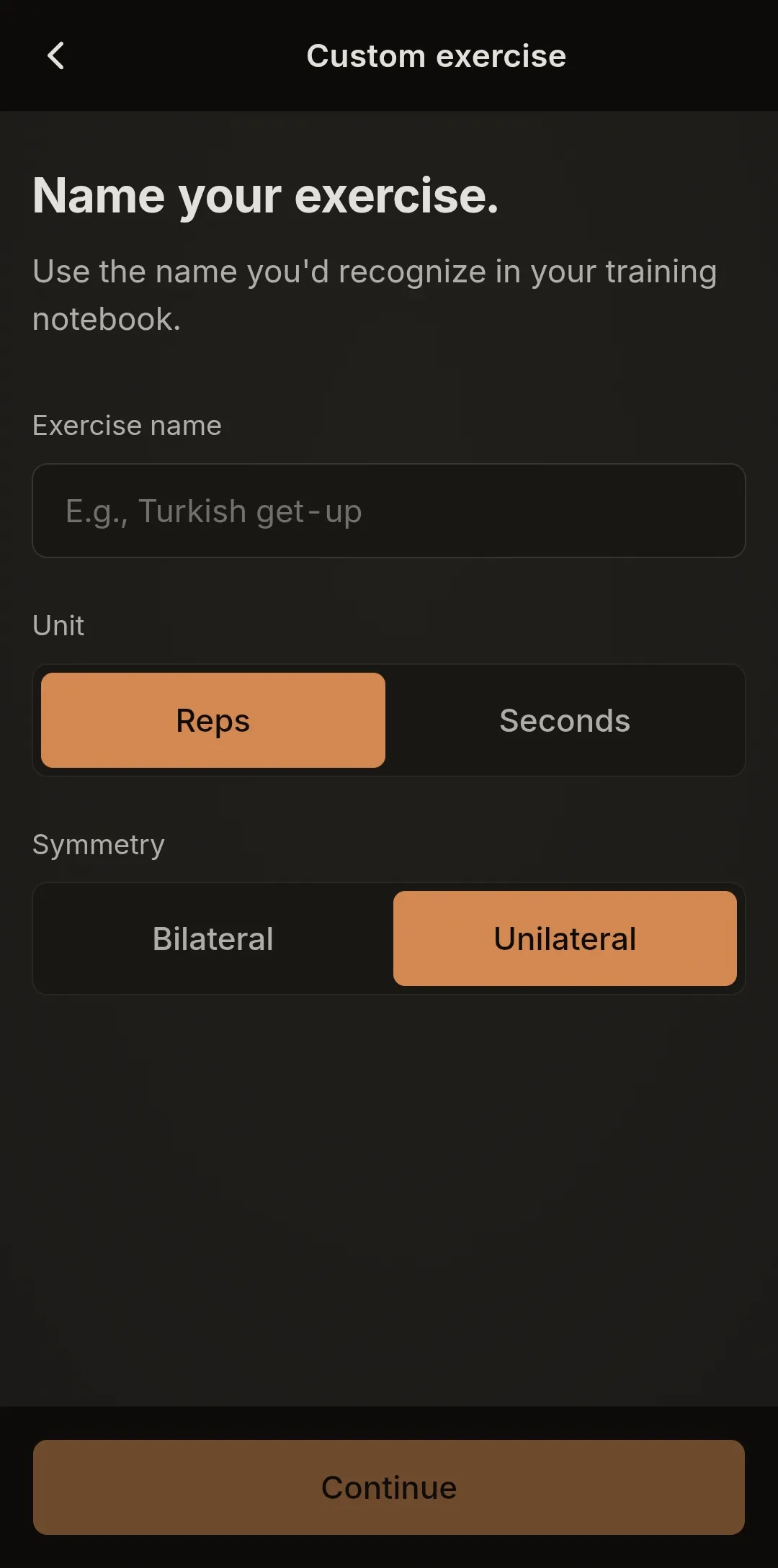 Screen for creating a custom exercise